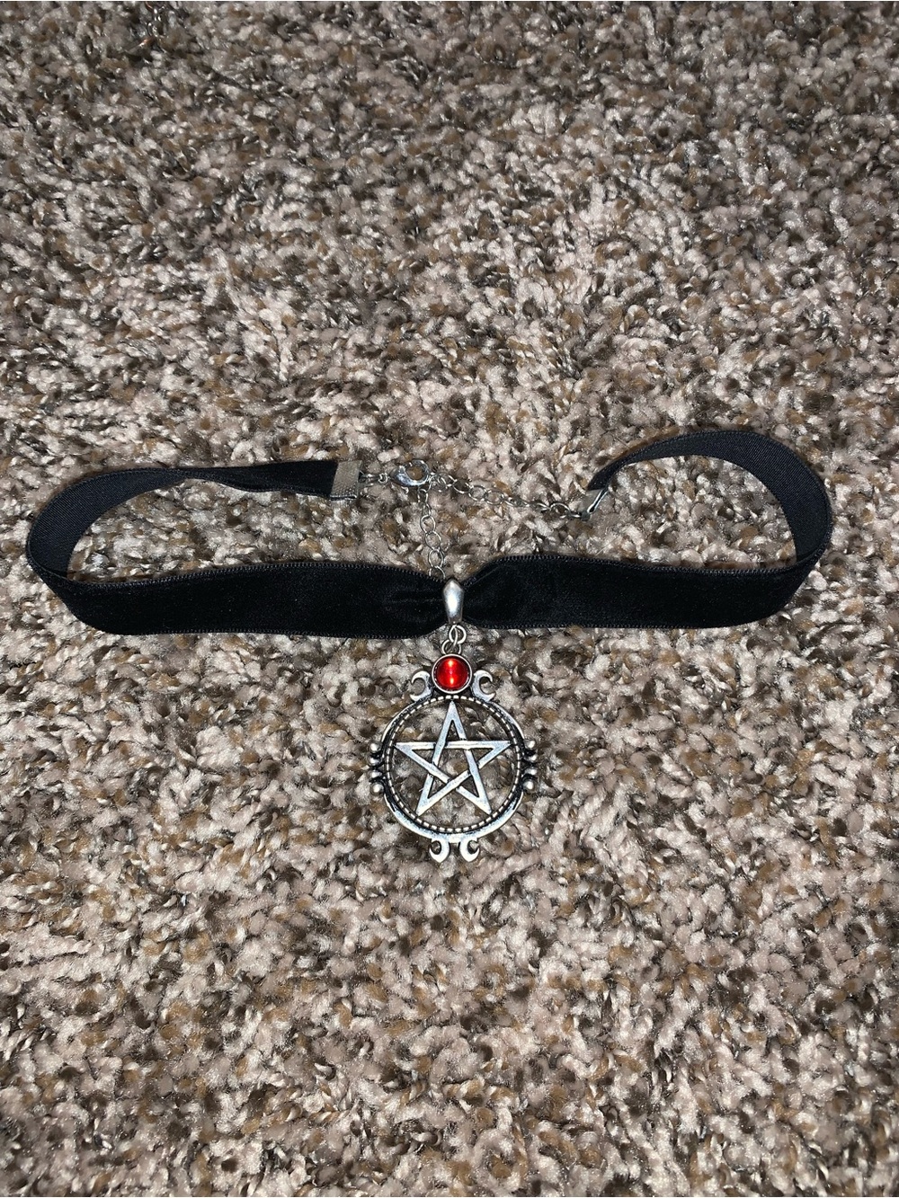 Black Velvet Choker with Silver Pentagram and Red Accent